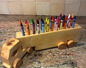 Tractor Trailer Crayon Holder Truck / Wooden / Handmade | Natural Hardwood | Personalization Available