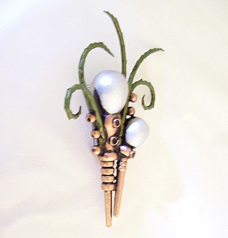 Wood Steampunk Wedding Boutonniere Pearl Fantasy Corsage Pin Alien Buttonhole Deluxe