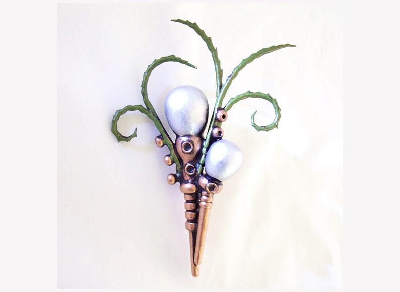 Wood Steampunk Wedding Boutonniere Pearl Fantasy Corsage Pin Alien Buttonhole Deluxe