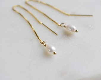 Pearl Threader Earrings | Box Chain Earrings | Gold Fill, Sterling Silver