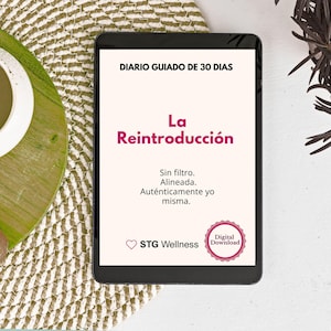 Könnte beinhalten: Ein digitales Tablet zeigt das Cover eines Buches mit dem Titel "La Reintroducción" in Rosa. Das Cover enthält spanischen Text, ein Logo und ein "Digital Download"-Abzeichen. Das Tablet liegt auf einer strukturierten Oberfläche.