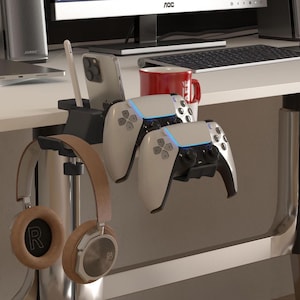 Gaming Desk Organizer – Controller, Headphone & Phone Holder | Adhesive Mount | Space Saving Under Desk Rack