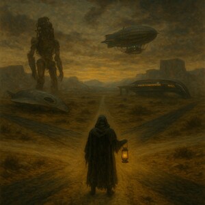 Peut inclure: Une silhouette voilée se tient à un carrefour dans un paysage désertique et brun. Une grande figure métallique se dresse en arrière-plan, et un dirigeable et un train sont visibles au loin. La silhouette tient une lanterne dans sa main, projetant une lueur chaude sur le sol.