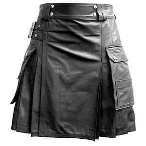 Mens Black Leather Gladiator Kilt Pleated Utility Kilt with Twin Cargo Pockets Flat Front