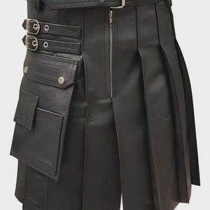 Handmade Black Leather Gladiator Kilt: Pleated Utility Costume
