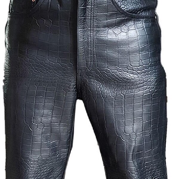 Men Crocodile Print 501 Style Brown Leather Jeans Pants Trouser Bikers Club-501