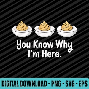 Può includere: Grafica digitale con tre uova ripiene in ciotole bianche, sormontate da un vortice di ripieno giallo e cosparse di paprika. Il testo "You Know Why I'm Here" è bianco, su uno sfondo nero a strisce diagonali.