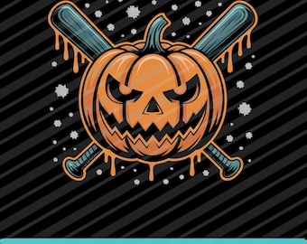 May include: Orange jack-o'-lantern with a menacing face, crossed with two blue baseball bats, on a black background with diagonal stripes. The design has a dripping effect. The text "DIGITAL DOWNLOAD - PNG - SVG - EPS" is at the bottom.