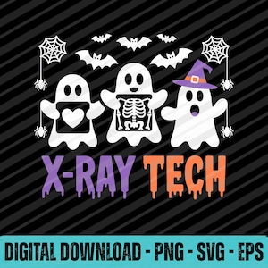 May include: A Halloween-themed graphic with three white ghosts, bats, and spiderwebs on a black background. One ghost has a heart, another an X-ray, and the third wears a witch hat. The text "X-RAY TECH" is below the ghosts.