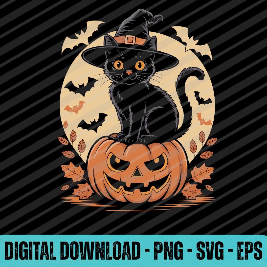 Black Cat Witch Pumpkin PNG SVG EPS | Spooky Halloween Cat Digital ...