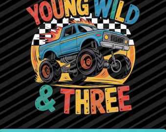Diseño para el tercer cumpleaños de Young Wild y tres Monster Trucks SVG PNG EPS