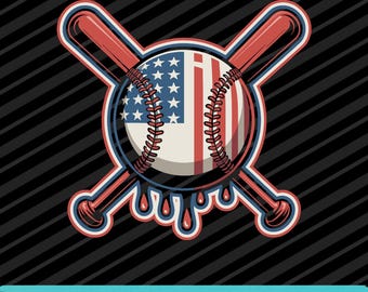 Könnte beinhalten: Ein Baseball-Design mit einem Baseball mit der amerikanischen Flagge und gekreuzten Schlägern in Rot, Weiß und Blau. Das Design beinhaltet einen Tropfeffekt und den Text "DIGITAL DOWNLOAD - PNG - SVG - EPS" auf schwarzem Hintergrund.