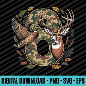 May include: A graphic design featuring a large number eight with a camouflage pattern, a flying mallard duck, and a deer head with antlers. The composition is surrounded by oak leaves and cattails against a black background with diagonal stripes.
