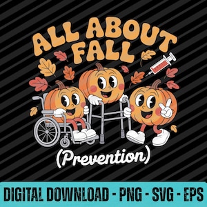 Może przedstawiać: Grafika w stylu retro z napisem "ALL ABOUT FALL" w kolorze pomarańczowym. Przedstawiono trzy dynie z kreskówek, jedną na wózku inwalidzkim, jedną z chodzikiem i jedną pokazującą znak pokoju. Strzykawka i jesienne liście są również dołączone.
