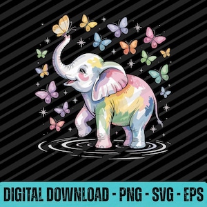 Elephant Spraying Butterflies SVG PNG EPS Whimsical Nature Animal Design