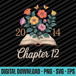 Può includere: Grafica digitale con sfondo nero e strisce diagonali. L'immagine presenta un libro aperto con fiori colorati e farfalle. Il testo recita "2014" e "Capitolo 12".
