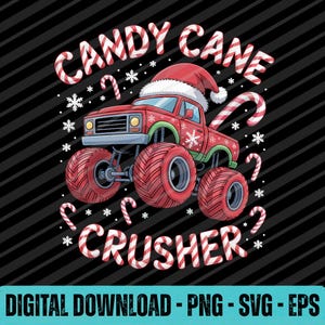 Puede incluir: Un camión monstruo rojo con ruedas de bastón de caramelo y un gorro de Papá Noel, el texto "CANDY CANE CRUSHER" está escrito en estilo bastón de caramelo. Copos de nieve y bastones de caramelo decoran el fondo negro. Descarga digital.