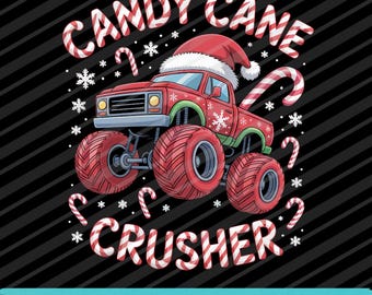 Candy Cane Crusher Red Monster Truck PNG SVG EPS Funny Christmas Holiday Design