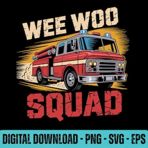 Può includere: Illustrazione di un'autopompa rossa con le parole "WEE WOO SQUAD" in bianco e rosso. L'autopompa ha una striscia bianca e luci blu. Lo sfondo ha strisce gialle. La parte inferiore dell'immagine dice "DOWNLOAD DIGITALE - PNG - SVG - EPS".