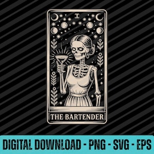 May include: Black and white illustration of a skeleton bartender holding a cocktail glass. The image is a tarot card design with the text "THE BARTENDER" at the bottom. The background features stars, moons, and floral elements.