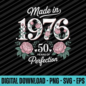May include: A digital design with the text "Made in 1976" in a script font, with the numbers adorned with pink flowers. Below, it reads "50 Years of Perfection." The background is black with diagonal stripes.