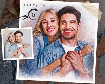Custom Color Pencil Portrait: Digital Couple Drawing, 12-Hour Gift