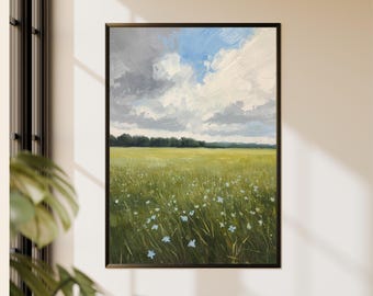 Blaue Wildblumen Wiese Landschaft Malerei Rustikal Feld Kunstwerk Bewölkter Himmel Landschaft Szene