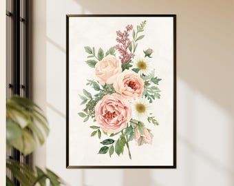 Pfirsich Blumenstrauß Wandkunst, Rosen Gänseblümchen botanische Druck (digitaler Download)