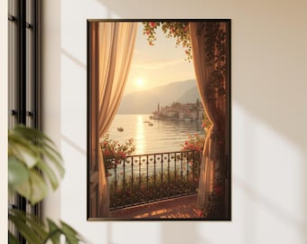 Cuadro decorativo para balcón con vistas a un pueblo costero al atardecer, estilo italiano (descarga digital).
