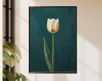 White Tulip Painting Teal Background Botanical Artwork Single Bloom Modern Floral Canvas Style Decor