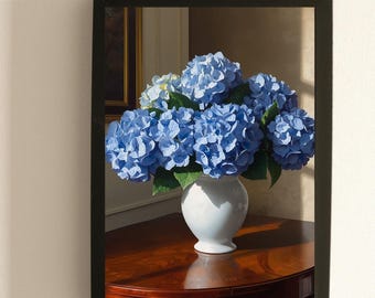 Wand Kunst Druck Blaue Hortensie Blumenvase Botanische Illustration (Digitaler Download)