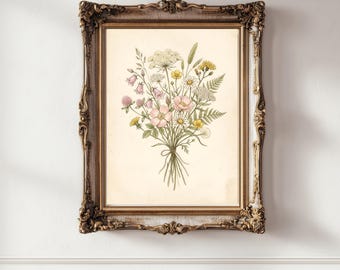 Stampa botanica vintage, bouquet di fiori selvatici da stampare su carta da parete, atmosfera estiva