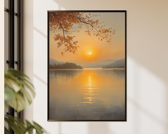Golden Sunset Lake Landscape Wall Art Warm Horizon Reflection Tree Branch Autumn Scene Painting