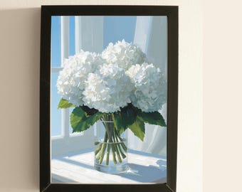 Elegant White Hydrangea Wall Art Printable, Window Light Floral Print, Calm Living Room or Bedroom Poster