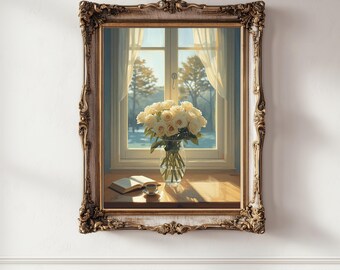 Weiße Rose Blumenstrauß Wand Kunst Printable sonnendurchflutetes Fenster Vase Blumen gemütliches Innendekor Download