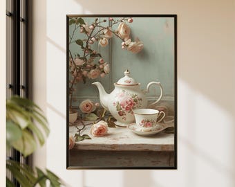 Shabby Chic Blumen Teekanne Kunst, Vintage Rosen Teetasse, Cottagecore Küche Dekor (digitaler Download)