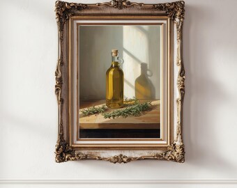 Olivenöl Stillleben Gemälde, Rustikale Küchen Kunst, Mediterran Dekor, Rosmarin Kräuter Kunstdruck