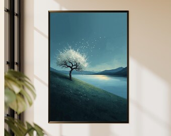 Minimalistische weiße Blüte Baum Wand Kunst zum ausdrucken, Blauer See Landschaft ruhiges modernes Dekor Download