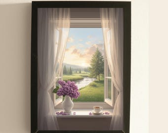 Pastel Cottagecore Window View Wall Art Printable, Lilac Flowers River Landscape Vintage Decor Download