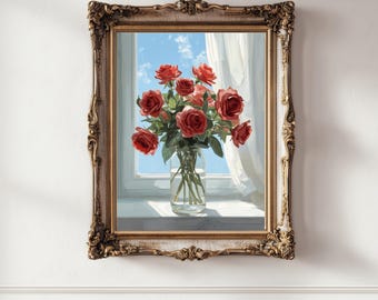 Red Rose Bouquet Wall Art Printable, Sunlit Window Floral Print, Glass Vase Artwork, Mothers Day Gift