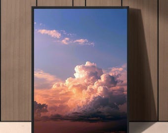 Cuadro decorativo de nubes al atardecer, fotografía del cielo, estampado de nubes dramáticas, escena de la naturaleza, obra de arte a la luz del atardecer.