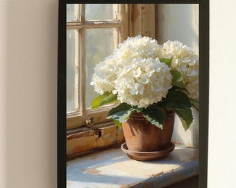 Witte hortensia kunst aan de muur, vintage cottagecore botanische print (digitale download)
