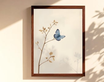 Blue Butterfly Wall Art Printable, Neutral Botanical Decor, Minimal Branch Illustration