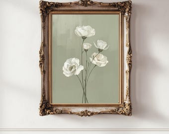 Salbeigrüner Mohnblumendruck - Vintage Stil Florale Wandkunst (Digitaler Download)