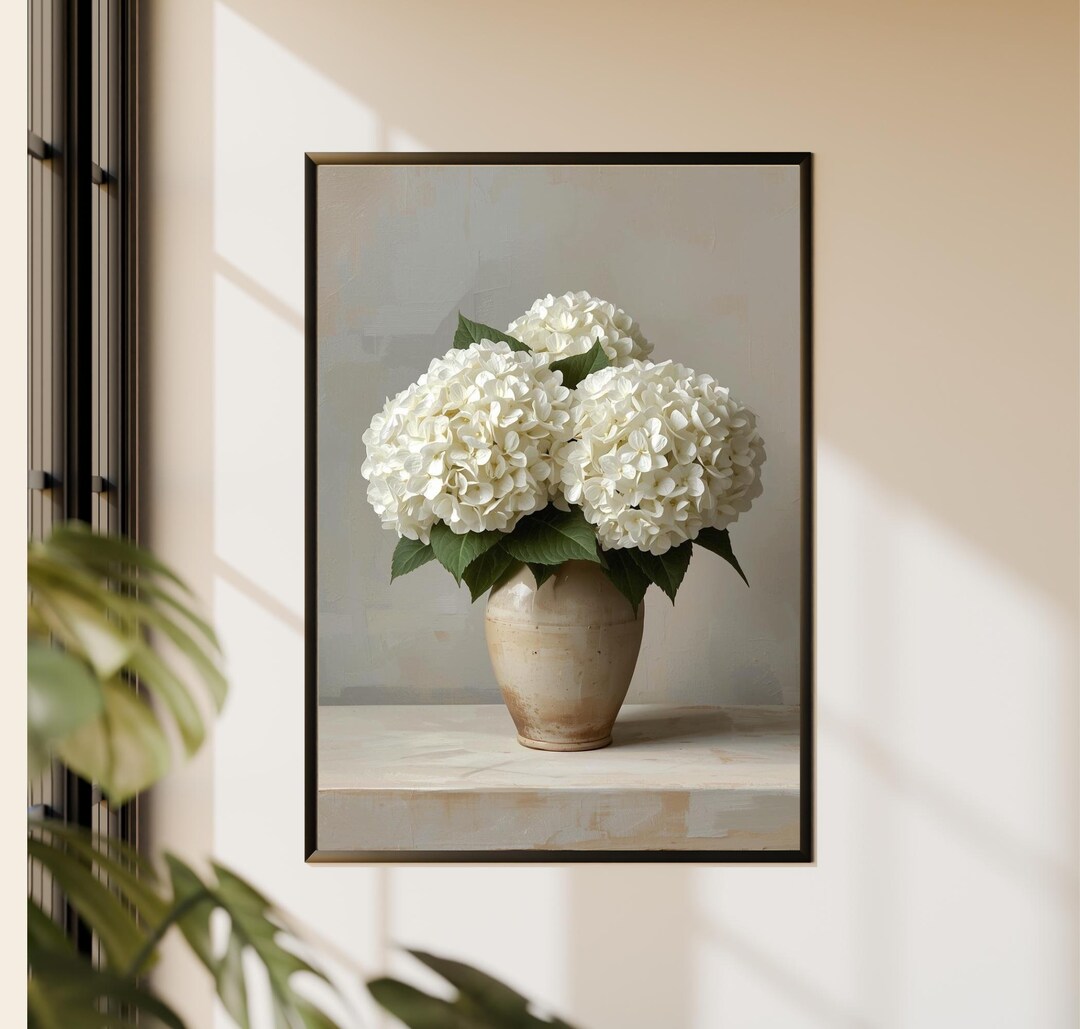 White Hydrangea Wall Art Printable, Neutral Floral Vase Painting ...