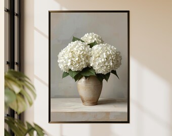 Weiße Hortensie Wand Kunst druckbare, neutrale Blumenvase Malerei Bauernhaus Dekor elegante minimalistische druckbare Kunst