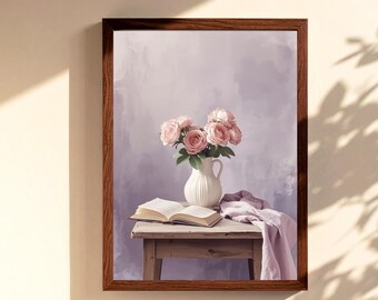 Rosa Rose Aquarell Wall Art druckbare Blumenvase Malerei romantische Vintage Cottage Dekor Download