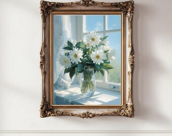 Weißes Gänseblümchen Blume Wand Kunst Druckbare Sonnendurchflutete Sommer Vibes Botanische Dekor Digitaler Download