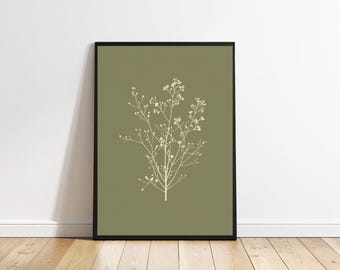 Wildblumen botanische Druck Olive Hintergrund Floral Linie Kunst Natur Wand Dekor eleganten Herbarium Stil