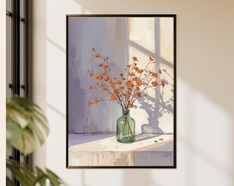 Pintura de ventana con luz de flores silvestres naranjas, jarrón de cristal iluminado por el sol, naturaleza muerta floral, obra de arte con sombras
